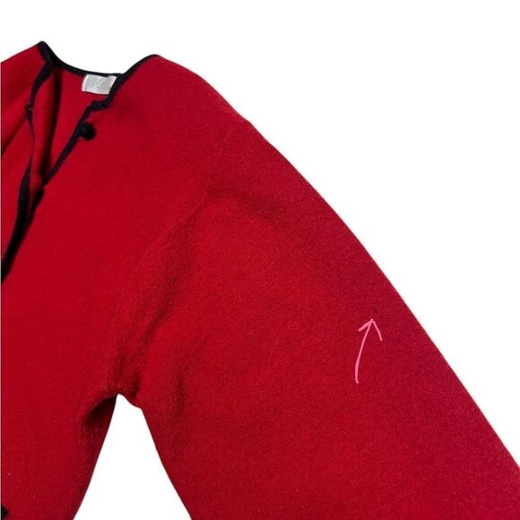 Lord & Taylor 100% Merino Wool Cropped Red Sweater Black Trim Cardigan Button Up - Picture 9 of 9